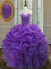 Floor Length Lace Up Vestidos de Quinceanera Purple and In for Military Ball and Sweet 16 and Quinceanera and Beach with Beading and Ruffles