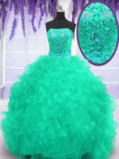 Sophisticated Brush Train Ball Gowns 15 Quinceanera Dress Turquoise Strapless Organza Sleeveless With Train Lace Up