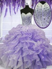 Floor Length Lace Up Sweet 16 Dresses Lilac and In for Military Ball and Sweet 16 and Quinceanera with Beading and Ruffles