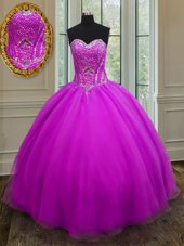 Low Price Purple Organza Lace Up Sweetheart Sleeveless Floor Length Sweet 16 Dresses Beading