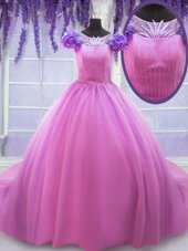 Stunning Scoop Hand Made Flower Quinceanera Gown Rose Pink Lace Up Short Sleeves Floor Length