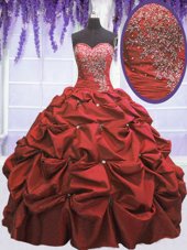 Super Coral Red Ball Gowns Beading and Pick Ups Sweet 16 Quinceanera Dress Lace Up Taffeta Sleeveless Floor Length