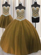Three Piece Brown Ball Gowns Tulle Sweetheart Sleeveless Beading and Sequins Floor Length Lace Up Sweet 16 Quinceanera Dress