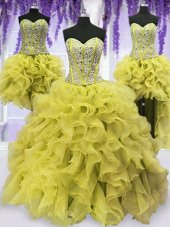 Four Piece Floor Length Lace Up Ball Gown Prom Dress Light Yellow and In for Military Ball and Sweet 16 and Quinceanera with Beading and Ruffles