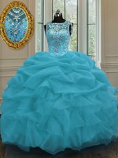 Super Scoop Sleeveless Quince Ball Gowns Floor Length Beading and Pick Ups Baby Blue Organza