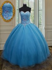 Sleeveless Floor Length Beading and Belt Lace Up Quince Ball Gowns with Baby Blue