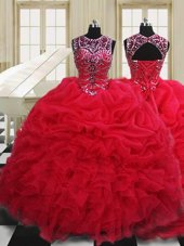 Red Quinceanera Dresses Military Ball and Sweet 16 and Quinceanera and For with Beading and Pick Ups Scoop Sleeveless Lace Up