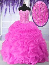 Fuchsia Organza Lace Up Quinceanera Gowns Sleeveless Floor Length Beading and Ruffles