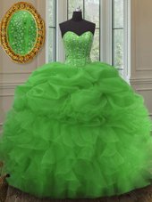 Green Lace Up Quinceanera Gowns Beading and Ruffles and Pick Ups Sleeveless Floor Length