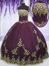 Eye-catching Floor Length Zipper Quinceanera Gowns Purple and In for Military Ball and Sweet 16 and Quinceanera with Appliques