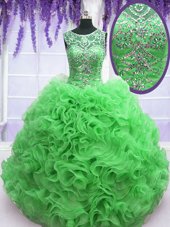 Green Lace Up Scoop Beading and Ruffles 15th Birthday Dress Organza Sleeveless