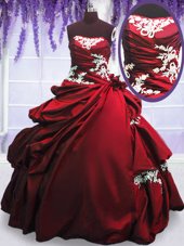 Glorious Wine Red Sleeveless Floor Length Appliques and Pick Ups Lace Up Quinceanera Dresses