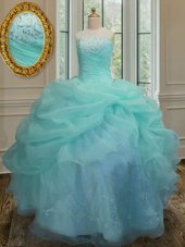 Aqua Blue Sleeveless Floor Length Embroidery and Pick Ups Lace Up Quinceanera Dress