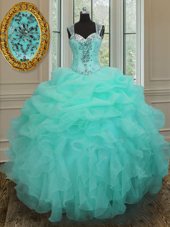 Straps Straps Floor Length Zipper Quinceanera Dresses Apple Green and In for Military Ball and Sweet 16 and Quinceanera with Beading and Ruffles