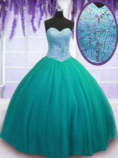 Purple Tulle Lace Up Sweetheart Sleeveless Floor Length Sweet 16 Dresses Beading and Sequins