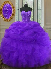 Purple Lace Up Sweetheart Beading and Ruffles and Pick Ups Quinceanera Dresses Organza Sleeveless