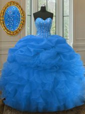 Colorful Blue Ball Gowns Organza Sweetheart Sleeveless Beading and Ruffles and Pick Ups Floor Length Lace Up Quinceanera Gowns