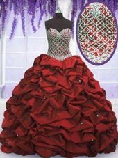 Clearance Wine Red Taffeta Lace Up Sweetheart Sleeveless Floor Length Quinceanera Dress Beading and Sequins and Pick Ups