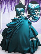 Nice Teal Taffeta Lace Up Quinceanera Dress Sleeveless Floor Length Appliques and Pick Ups