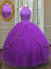 Admirable Purple Lace Up High-neck Beading and Appliques Quinceanera Dresses Tulle Sleeveless