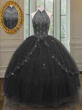 Exceptional Black Lace Up High-neck Beading and Appliques Sweet 16 Quinceanera Dress Tulle Sleeveless