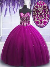 Lilac Tulle Lace Up Sweetheart Sleeveless Floor Length Ball Gown Prom Dress Beading