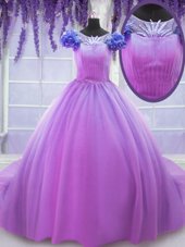 Edgy Scoop Short Sleeves Floor Length Hand Made Flower Lace Up Sweet 16 Dresses with Lilac