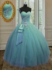 Top Selling Turquoise Sleeveless Floor Length Beading and Ruching and Bowknot Lace Up Vestidos de Quinceanera