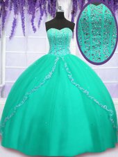 Turquoise Ball Gowns Beading and Sequins Quinceanera Gowns Lace Up Tulle Sleeveless Floor Length