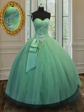 Floor Length Green Quince Ball Gowns Tulle and Sequined Sleeveless Beading and Ruching and Bowknot