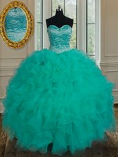 Attractive Turquoise Sleeveless Organza Lace Up Vestidos de Quinceanera for Military Ball and Sweet 16 and Quinceanera