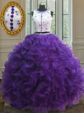 Dazzling Scoop Purple Organza Clasp Handle Vestidos de Quinceanera Sleeveless Floor Length Appliques