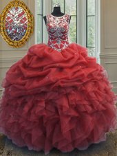 Custom Made Pick Ups Ball Gowns Sweet 16 Dresses Coral Red Scoop Organza Sleeveless Floor Length Lace Up