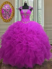 Straps Straps Fuchsia Sleeveless Beading and Ruffles and Sequins Floor Length Quinceanera Gowns