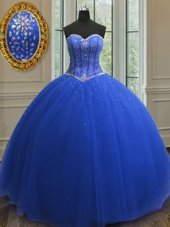Nice Sequins Ball Gowns Sweet 16 Dress Royal Blue Sweetheart Tulle Sleeveless Floor Length Lace Up
