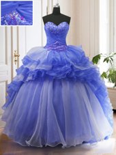 Sleeveless With Train Beading and Ruffled Layers Lace Up Quinceanera Gown with Blue Court Train