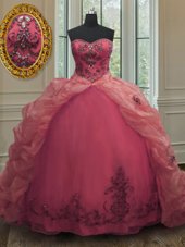 Comfortable Beading and Appliques and Pick Ups Quinceanera Gown Pink Lace Up Sleeveless With Train Court Train