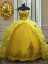 Light Yellow Sweetheart Neckline Beading and Appliques and Pick Ups Quince Ball Gowns Sleeveless Lace Up