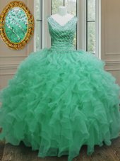 Apple Green Sleeveless Floor Length Beading and Ruffles Zipper Ball Gown Prom Dress