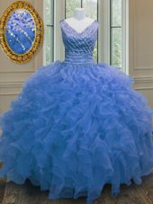 Floor Length Zipper Quinceanera Dress Blue and In for Military Ball and Sweet 16 and Quinceanera with Beading and Ruffles