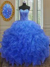 Exquisite Sleeveless Beading and Ruffles Lace Up Quince Ball Gowns
