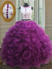 Free and Easy Fuchsia Clasp Handle Scoop Appliques and Ruffles Quinceanera Gowns Organza Sleeveless