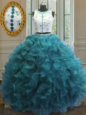 Admirable Scoop Clasp Handle Teal Sleeveless Beading and Ruffles Floor Length Quinceanera Dresses