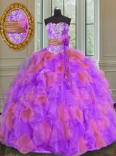 Sweet Multi-color Ball Gowns Sweetheart Sleeveless Organza Floor Length Lace Up Beading and Ruffles and Sashes|ribbons and Hand Made Flower Sweet 16 Quinceanera Dress
