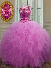 Scoop Floor Length Lace Up Sweet 16 Dresses Lilac and In for Military Ball and Sweet 16 and Quinceanera with Beading and Ruffles