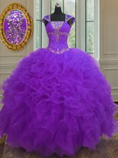 Vintage Straps Straps Cap Sleeves Floor Length Lace Up 15 Quinceanera Dress Purple and In for Military Ball and Sweet 16 and Quinceanera with Beading and Ruffles and Sequins