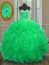 Green Lace Up Sweetheart Beading and Embroidery and Ruffles Sweet 16 Dresses Organza Sleeveless