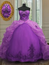 Purple Ball Gowns Sweetheart Sleeveless Organza With Train Court Train Lace Up Beading and Appliques and Pick Ups Quinceanera Dress