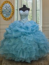 High Class Baby Blue Ball Gowns Beading and Ruffles and Pick Ups Sweet 16 Quinceanera Dress Lace Up Organza Sleeveless Floor Length
