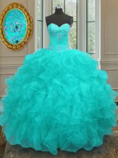 Elegant Sweetheart Sleeveless Lace Up Vestidos de Quinceanera Aqua Blue Organza